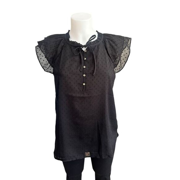 LOFT Flutter Sleeves Button Tie Neck Top‎ Black Chiffon Size Small - Picture 1 of 8